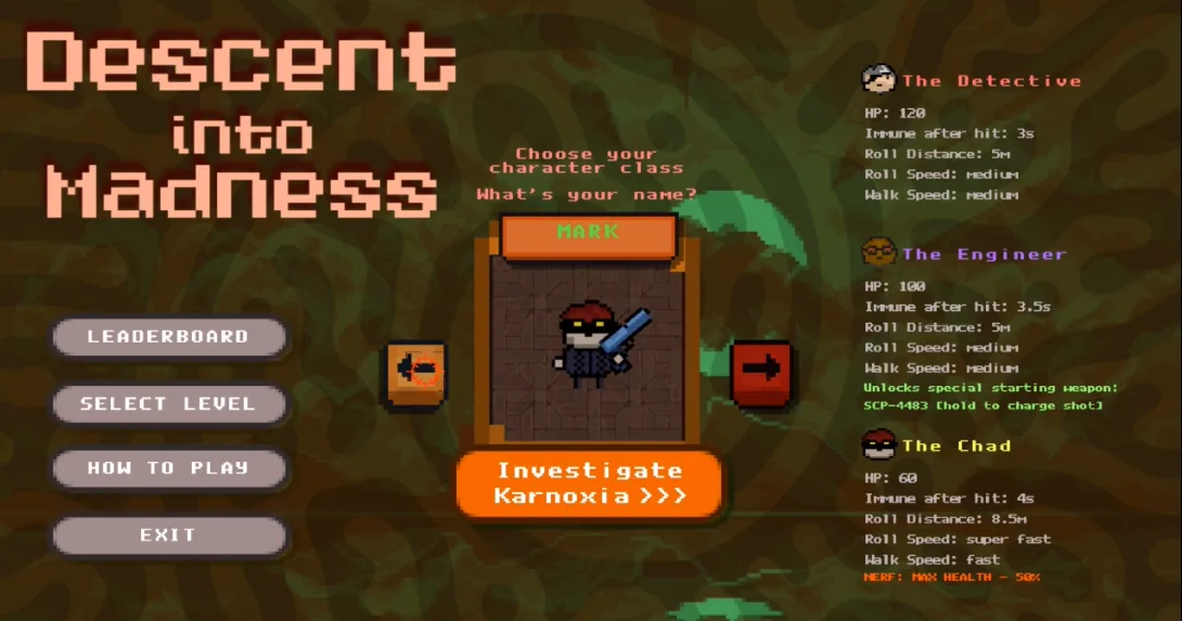 Descent Into Madness gameplay showing a player firing through a procedural dungeon room