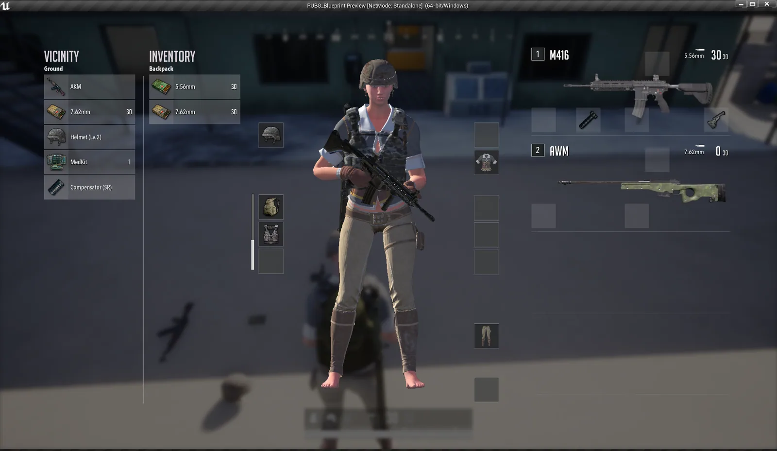 Unreal Engine prototype inventory with vicinity loot, backpack items, equipment slots, and two weapons